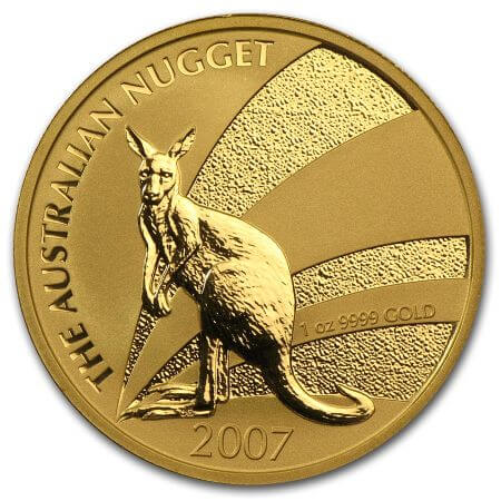 reverse side of the 2007 issue of the brilliant uncirculated 1 oz Australian Gold Nugget coin