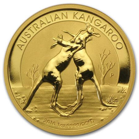 reverse side of the 2010 issue of the brilliant uncirculated 1 oz Gold Kangaroo coin