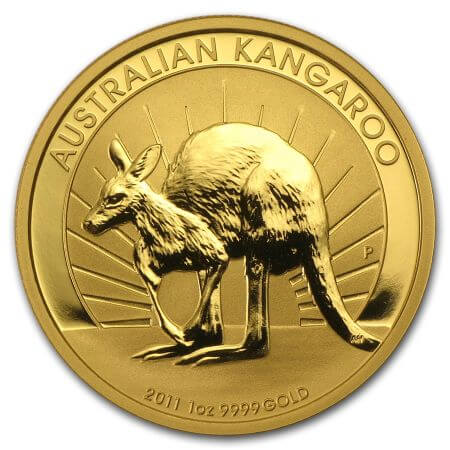 reverse side of the 2011 issue of the brilliant uncirculated 1 oz Gold Kangaroos