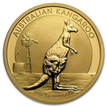 reverse side of the 2012 issue of the brilliant uncirculated 1 oz Australian Gold Kangaroo