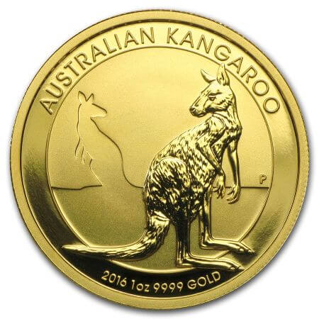 reverse side of the 2016 gold issue of the brilliant uncirculated 1 oz Australian Kangaroo coins