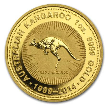 reverse side of the 25th Anniversary 2014 issue of the brilliant uncirculated 1 oz Gold Australian Kangaroos