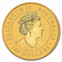 obverse side of the latest issue of the brilliant uncirculated 1 oz Australian Gold Kangaroo coins