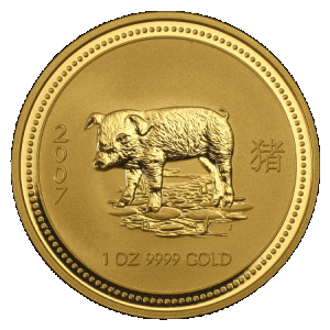 reverse side of the 2007 issue of the brilliant uncirculated Year of the Pig 1 oz Australian Lunar gold coins