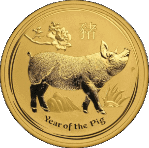 reverse side of the 2019 Year of the Pig issue of the brilliant uncirculated 1 oz Perth Mint Lunar Gold coins