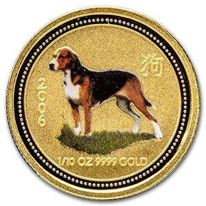 reverse side of the colorized 2006 issue of the Australian Lunar Series 1 gold coin