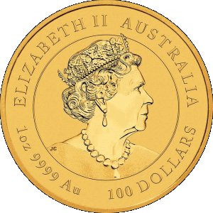 obverse side of the latest issue of the brilliant uncirculated 1 oz Australian Gold Lunar coins