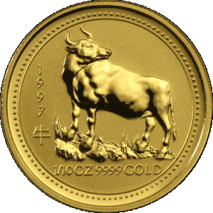 reverse side of the 1997 issue of the brilliant uncirculated Year of the Ox 1/10 oz Australian Lunar gold coins