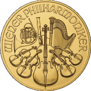 obverse side of the 2020 issue of the brilliant uncirculated 1 oz Austrian Gold Philharmonic coins