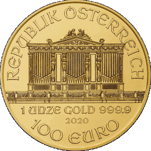 reverse side of the 2020 issue of the brilliant uncirculated 1 oz Austrian Gold Philharmonics