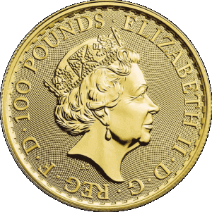obverse side of the 2021 issue of the brilliant uncirculated 1 oz British Gold Britannia coins