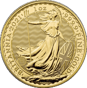 reverse side of the 2021 issue of the brilliant uncirculated 1 oz British Gold Britannias