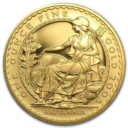 reverse side of the 2005 issue of the brilliant uncirculated 1 oz Britannia gold coins