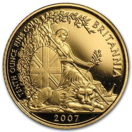 reverse side of the 2007 issue of the brilliant uncirculated 1/10 oz Britannia gold bullion coins