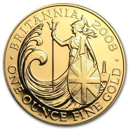 reverse side of the 2008 issue of the brilliant uncirculated 1 oz Gold Britannias