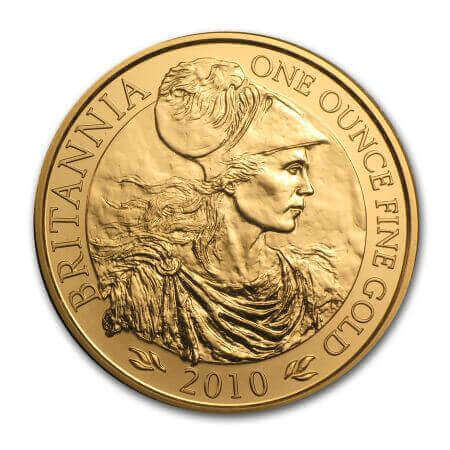 reverse side of the 2010 issue of the brilliant uncirculated 1 oz British Britannia gold coin