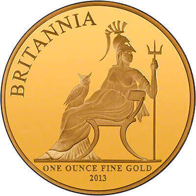 reverse side of the 2013 issue of the proof 1 oz Gold Britannia