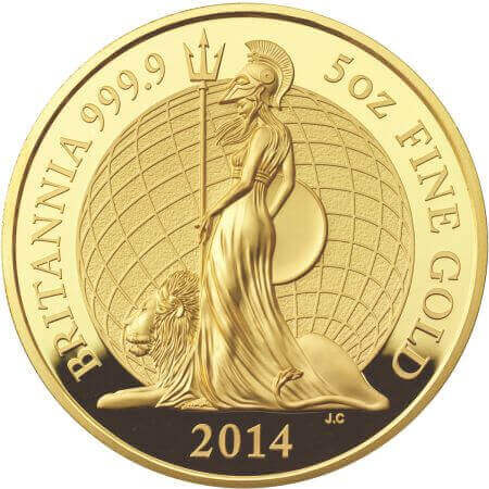reverse side of the 2014 issue of the proof 5 oz Great Britain Gold Britannia coin