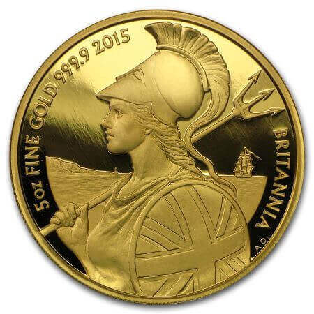 reverse side of the 2015 issue of the proof 5 oz Great Britain Gold Britannia coins