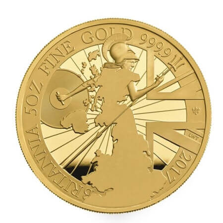 reverse side of the 2017 issue of the proof 5 oz Britannia gold coins