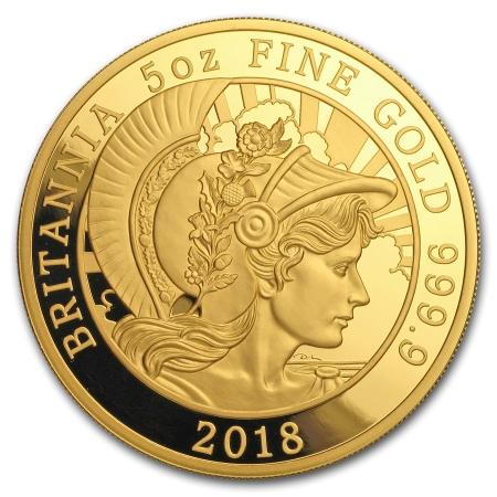 reverse side of the 2018 issue of the proof 5 oz Britannia gold coins