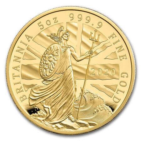 reverse side of the 2020 issue of the proof 5 oz Britannia gold coins