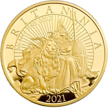 reverse side of the 2021 issue of the proof 5 oz Britannia gold coins