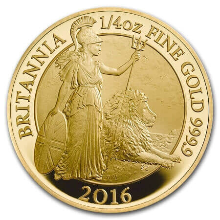 reverse side of the 2016 issue of the proof 1/4 oz British Britannia gold coin
