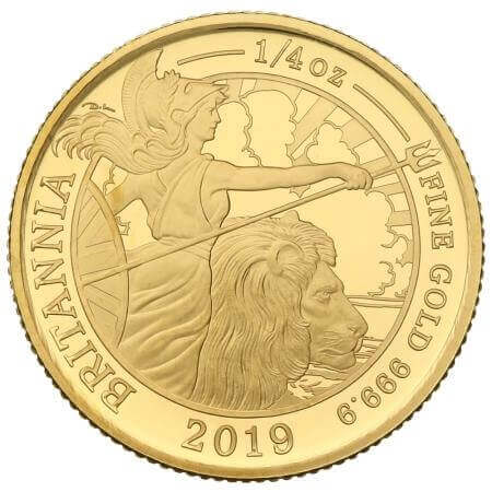 reverse side of the 2019 issue of the proof 1/4 oz Britannia gold coins