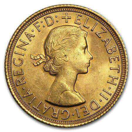 obverse side of the 1958 issue of the Great Britain Gold Sovereign coin