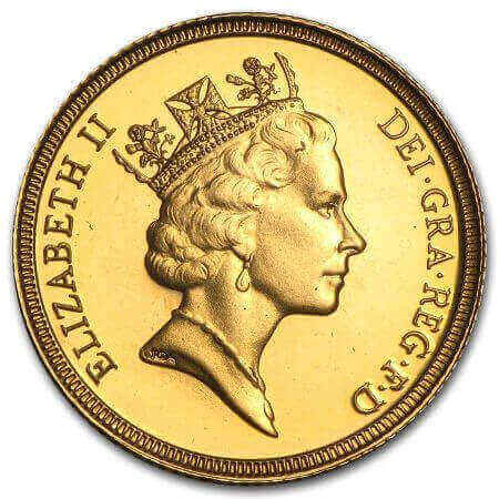 obverse side of the 1987 issue of the British Gold Sovereign