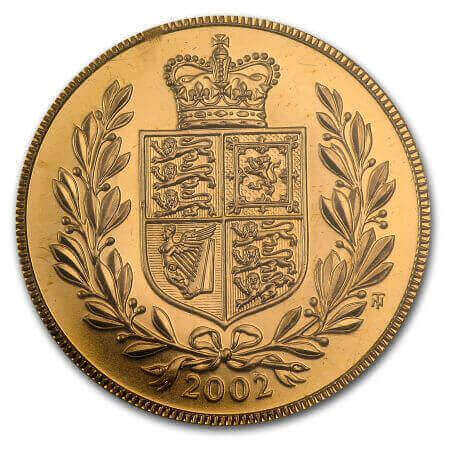 reverse side of the 2002 Golden Jubilee issue of the Great Britain Gold Sovereign