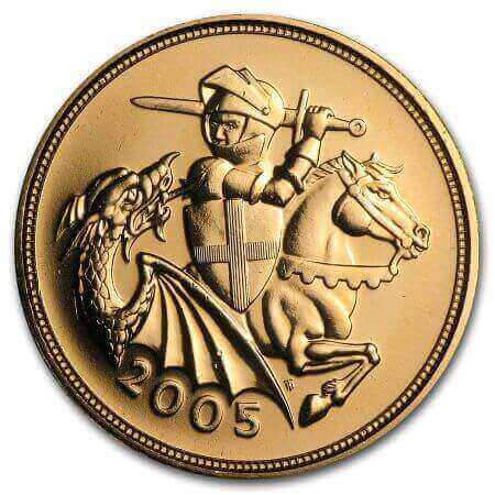 reverse side of the 2005 issue of the Gold Sovereign coins