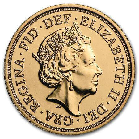 obverse side of the 2016 issue of the British Sovereign gold coin