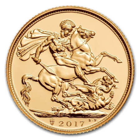 reverse side of the mintmarked 2017 issue of the Gold Sovereign that commemorates the 200th anniversary of Pistrucci's reverse design