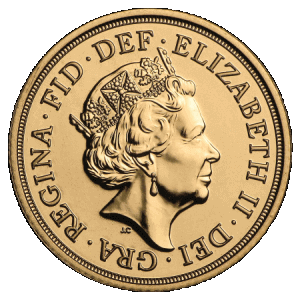 obverse side of the 2016 issue of the brilliant uncirculated British Gold Sovereign coins