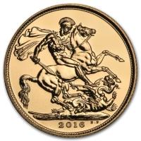 reverse side of the 2016 issue of the brilliant uncirculated Gold Sovereigns