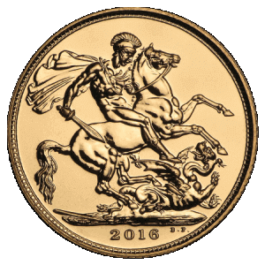 reverse side of the 2016 issue of the brilliant uncirculated British Gold Sovereign coins reverse side of the 2016 issue of the brilliant uncirculated Gold Sovereigns