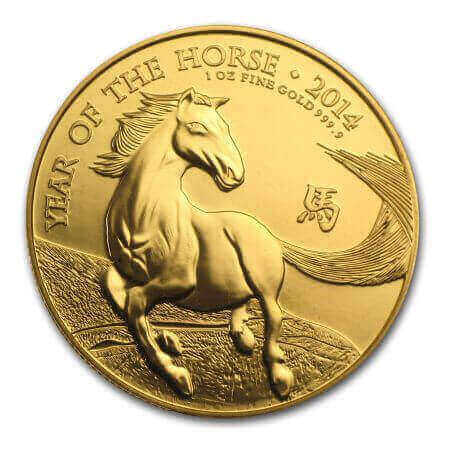 reverse side of the 2014 Year of the Horse issue of the brilliant uncirculated 1 oz British Lunar gold coins