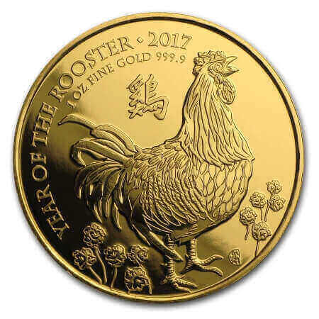 reverse side of the 2017 Year of the Rooster issue of the brilliant uncirculated 1 oz Gold Lunar coins