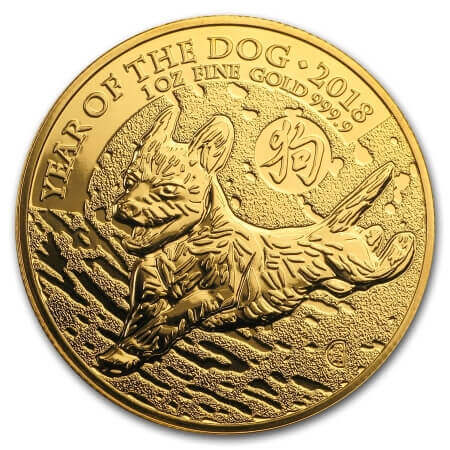 reverse side of the 2018 Year of the Dog issue of the brilliant uncirculated 1 oz British Gold Lunar coin