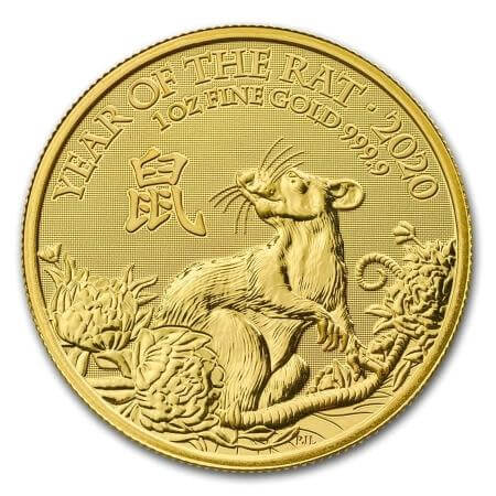 reverse side of the 2020 Year of the Rat issue of the brilliant uncirculated 1 oz British Gold Lunar coin