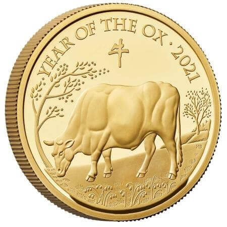 reverse side of the 2021 Year of the Ox proof issue of the 1 oz British Gold Lunar coin