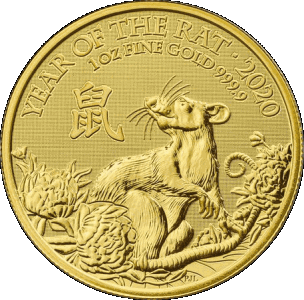 reverse side of the 2020 Year of the Rat issue of the brilliant uncirculated 1 oz Shēngxiào Collection Lunar gold coin