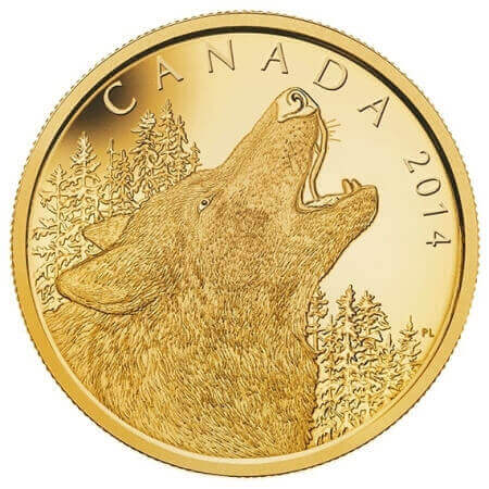 reverse side of the 2014 Canadian Call of the Wild Howling Wolf 1/2 kg proof gold coins