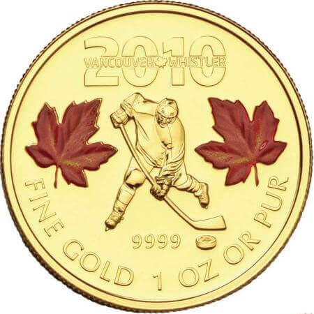 reverse side of the first 1 oz coloured Maple Leaf gold coin that was issued in 2010 in a set for the Vancouver Olympics