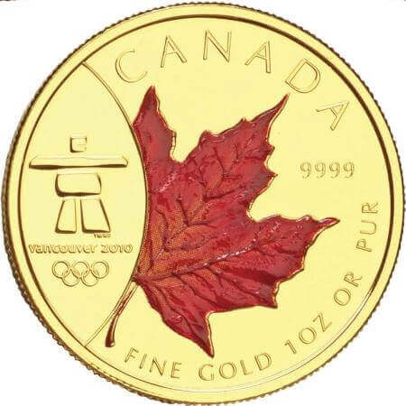 reverse side of the third 1 oz coloured Maple Leaf gold coin that was issued in 2010 in a set for the Vancouver Olympics