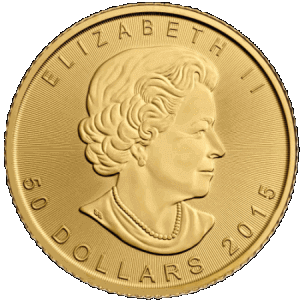 obverse side of the 2015 issue of the brilliant uncirculated 1 oz Canadian Maple Leaf gold coins
