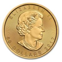 obverse side of the 2017 issue of the brilliant uncirculated 1 oz Canadian Maple Leaf gold coins