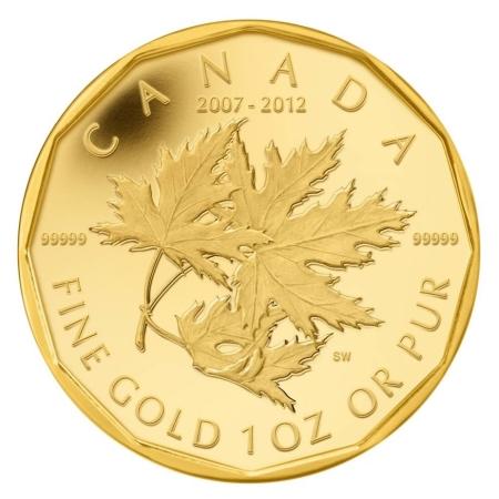 reverse side of the proof 1 oz Gold Maple Leaf in the fractional set that was issued in 2012